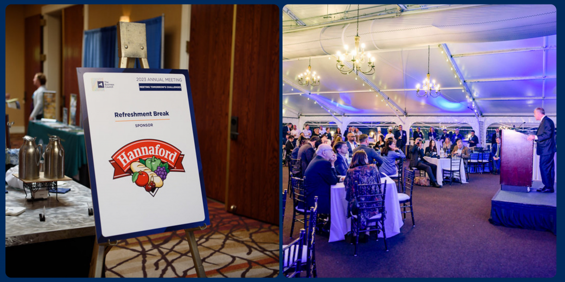 Photo on the left is a sponsor sign with Hannaford's Logo, On the right is Comptroller of NYS speaking to the attendees at the President's Reception