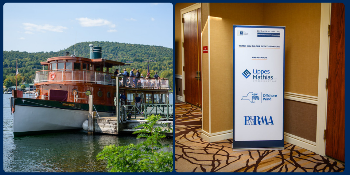 On the left is a photo of the Sagamore's Boat The Morgan, On the right is a banner up with three sponsor logos